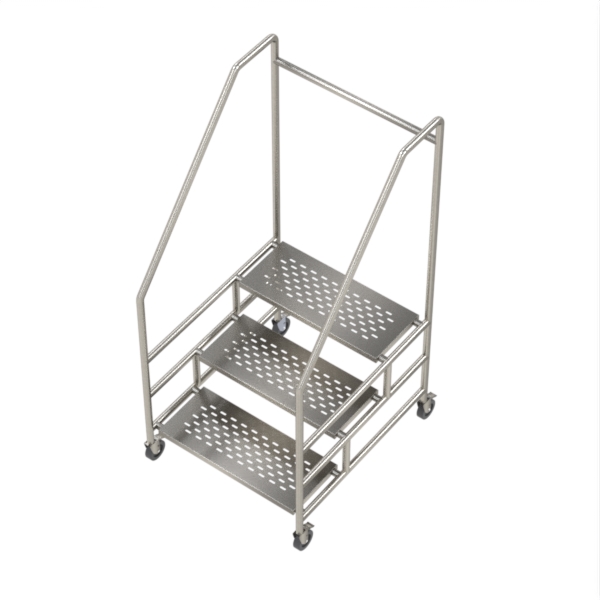 3 Step ladder on castors made from stainless steel.