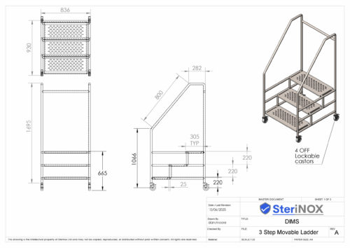 Dimensioned drawing of a 3 Step Ladder made from Stainless Steel