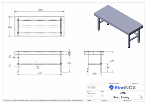 Dimensioned drawing for a Bench Seating made from Stainless Steel.