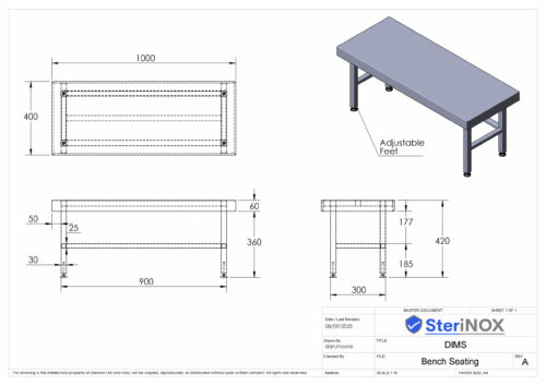 Dimensioned drawing for a Bench Seating made from Stainless Steel.