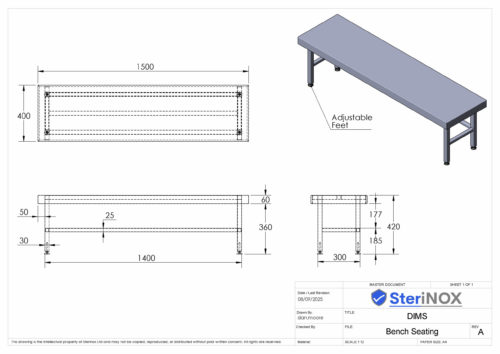Dimensioned drawing for a Bench Seating made from Stainless Steel.
