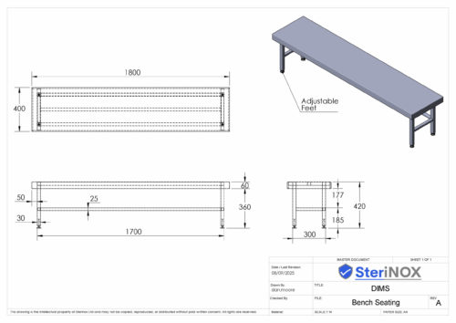 Dimensioned drawing for a Bench Seating made from Stainless Steel.