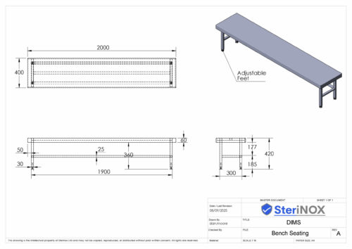 Dimensioned drawing for a Bench Seating made from Stainless Steel.