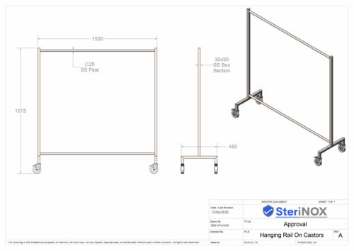 Dimensioned drawing for a Hanging Rail On Castors made from Stainless Steel.
