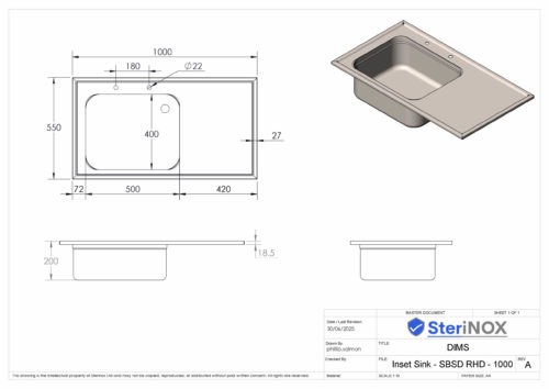 Inset Sink - SBSD RHD - 1000