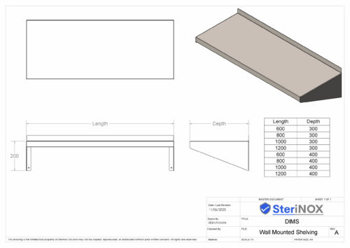 Dimensioned drawing for Wall Shelving. Made from Stainless Steel.