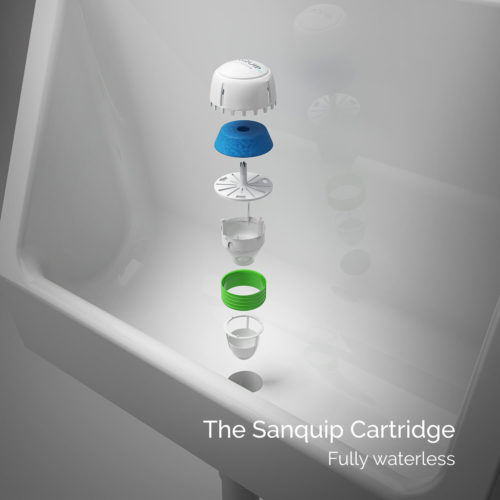 Exploded image for a waterless urinal cartridge.