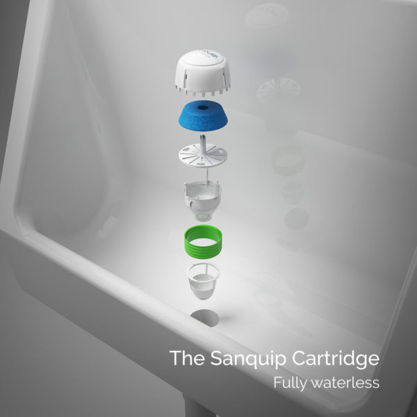 Exploded image for a waterless urinal cartridge.