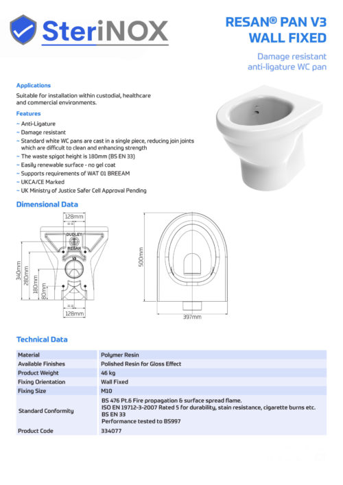 Dimensioned image for damage-resistant anti-ligature WC pan wall fixed – polymer resin toilet