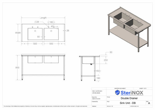 Dimensioned drawing for Sink Unit Frame & Shelf. Double Bowl