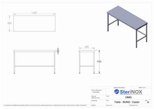 Dimensioned Drawing For Stainless Steel Table - No Undershelf - With Adjustable Feet