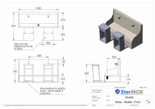 Dimensioned Drawing For Double Wudu - Trough at the front. Made from Stainless Steel.