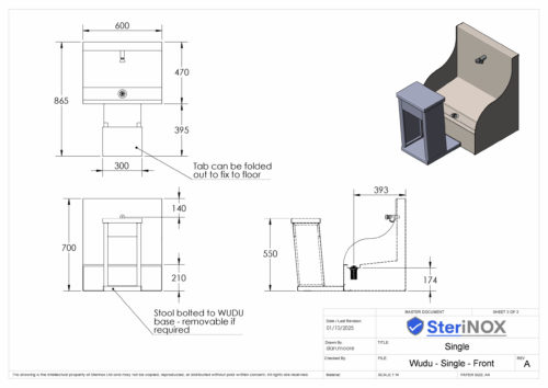 Dimensioned Drawing For Single Wudu - Trough at the front. Made from Stainless Steel.