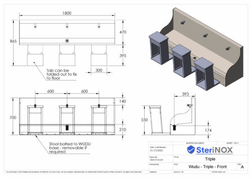 Dimensioned Drawing For Triple Wudu - Trough at the front. Made from Stainless Steel.