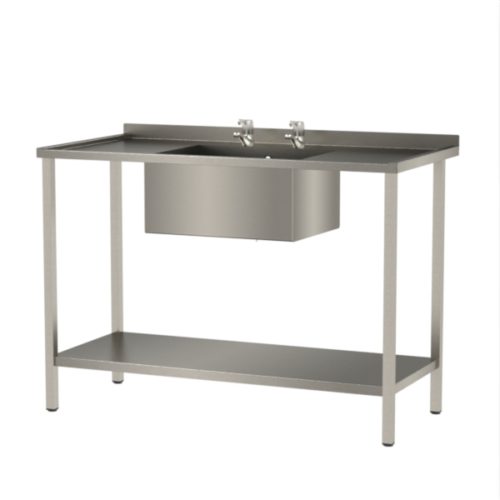 Stainless steel sink with single bowl on frame and shelf
