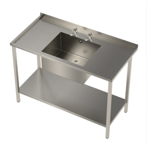 Stainless steel sink with single bowl on frame and shelf