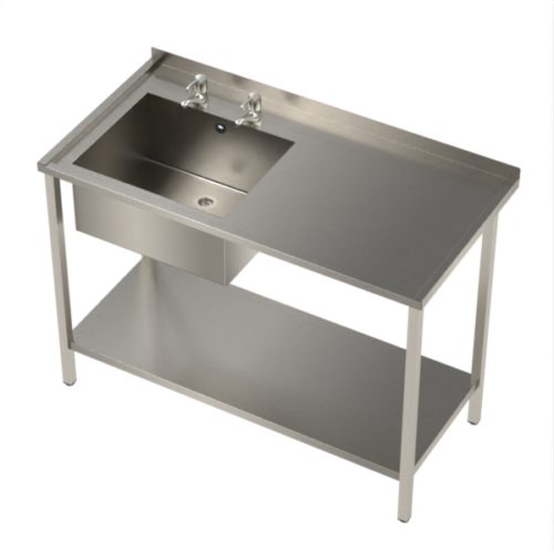 Stainless steel sink with single bowl on frame and shelf