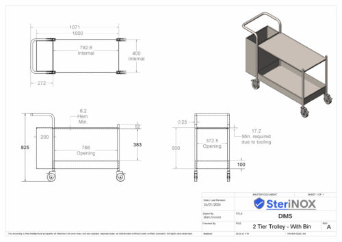 Two tier trolley with bin stainless steel heavy duty construction
