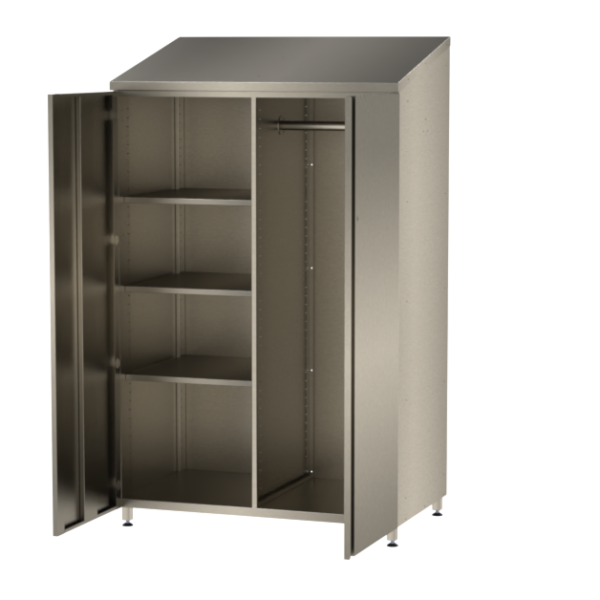 Stainless steel garment cupboard with shelves and hanging rail