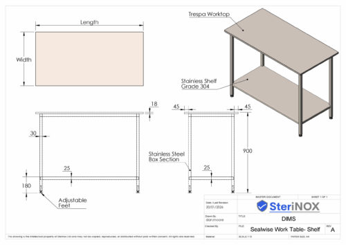 Sealwise hygienic table stainless steel frame with adjustable feet and undershelf