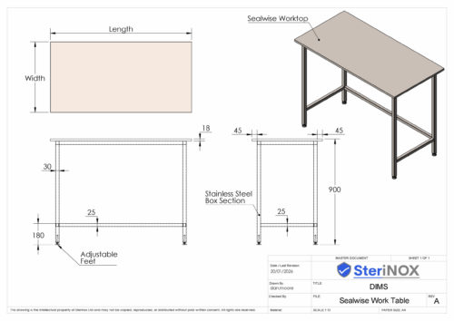 Sealwise hygienic table stainless steel frame with adjustable feet.