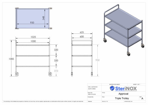 Two tier trolley with bin stainless steel heavy duty construction.