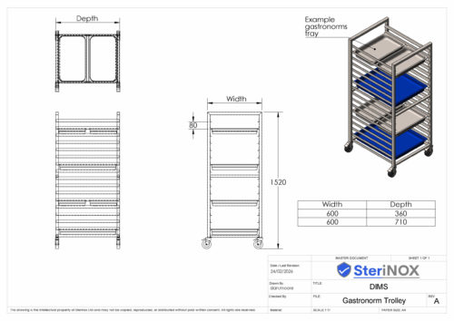 commercial gastronorm trolley with braked castors