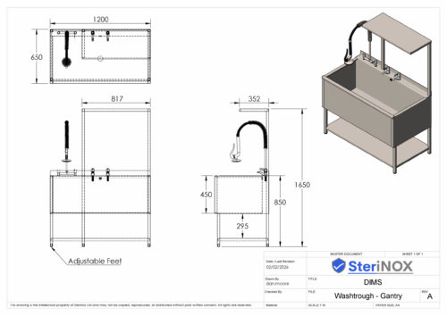 Wash trough gantry stainless with frame and shelves