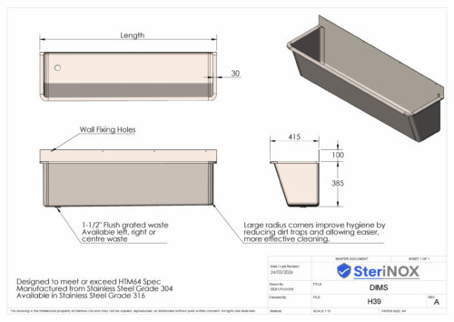 clinical scrub trough HTM64 compliant large radius corners. Dimensioned drawing.