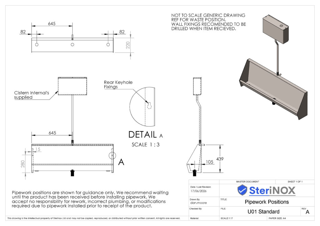 Pipework position dimensioned drawing. For a wall mounted urinal. 