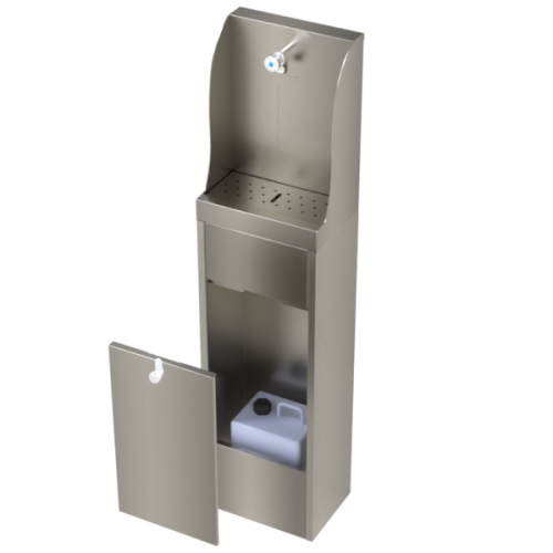 Floor Standing Bottle Filler with Portable Waste Water Disposal featuring a lockable front access panel, push button tap and concealed 5-litre waste container manufactured from Grade 304 stainless steel.