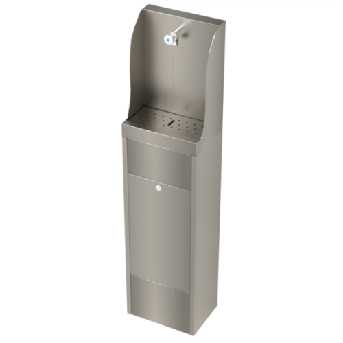Floor Standing Bottle Filler with Portable Waste Water Disposal featuring a lockable front access panel, push button tap and concealed 5-litre waste container manufactured from Grade 304 stainless steel.