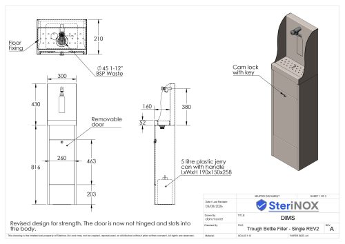 Floor Standing Bottle Filler with Portable Waste Water Disposal featuring a lockable front access panel, push button tap and concealed 5-litre waste container manufactured from Grade 304 stainless steel.