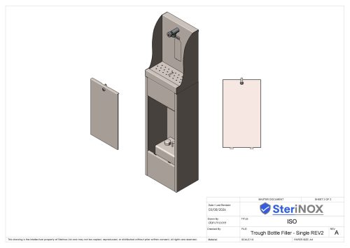 Floor Standing Bottle Filler with Portable Waste Water Disposal featuring a lockable front access panel, push button tap and concealed 5-litre waste container manufactured from Grade 304 stainless steel.