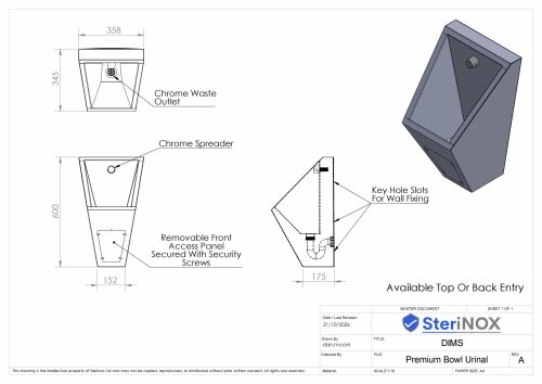 Premium stainless steel bowl urinal with plastic cistern by Sterinox